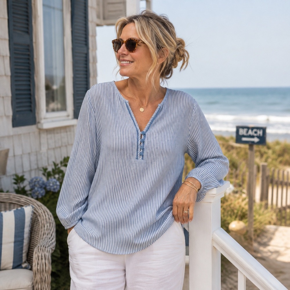 Liz Claiborne Womens Blue White Striped V-Neck Rayon Blouse Long Sleeve Small